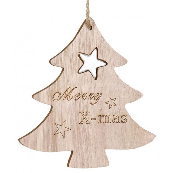 Χριστουγεννιάτικο Κρεμαστό Ξύλινο Δεντράκι, με Σχέδιο "Merry X-mas" και Αστεράκι (11cm)